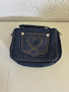 Denim Mini Crossbody Bag with Heart Stitch - Navy Blue